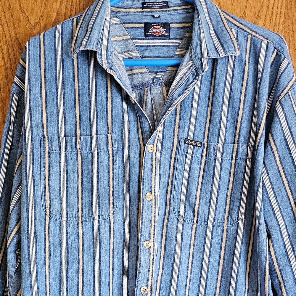 Vintage Dickies Shirt Mens XL Striped Chambray Denim Long Sleeve